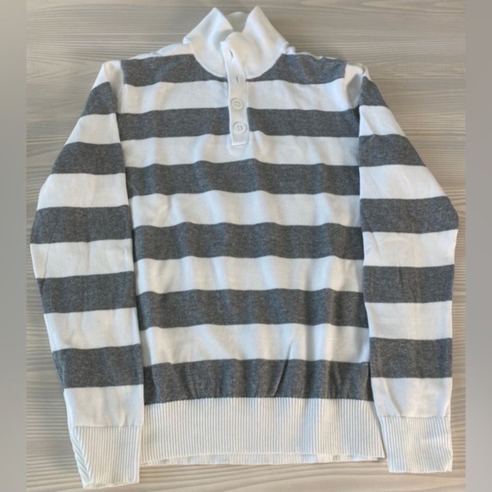 Express Gray & White Striped Cotton Pullover Long Sleeve Button Collar Small